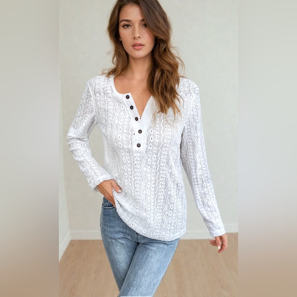 White Eyelet Embroidery Half Button Front Tee - Picture 1 of 7